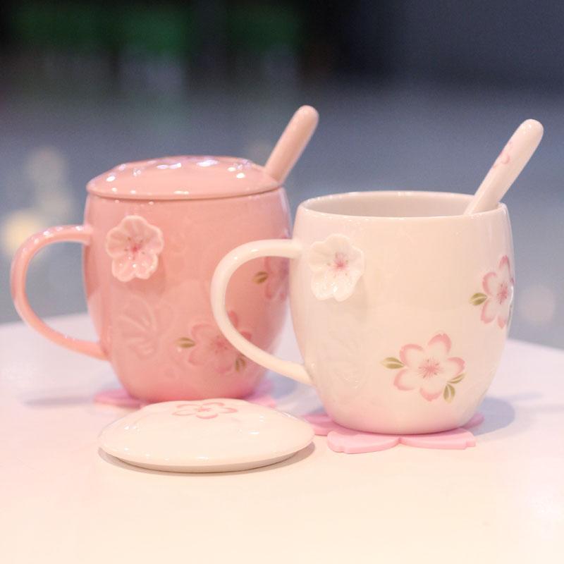 

Mugs Creative Sakura Princess Mug With Lid Spoon Cute Cup Ceramic Simple Coffee Office Water