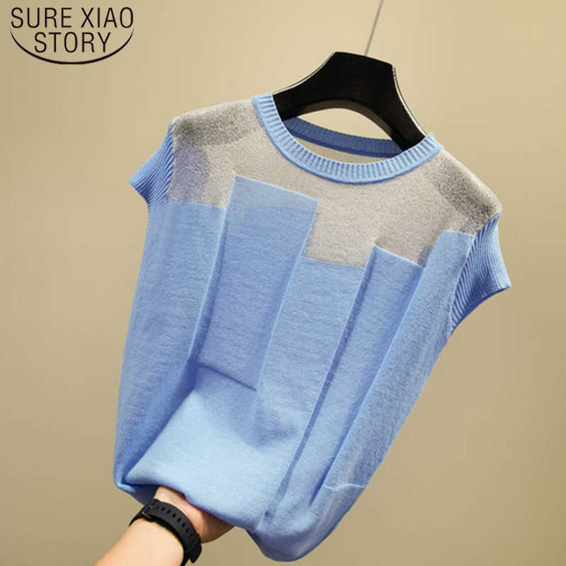 

Fashion Thin Blouse Korean Patchwork Ice Silk Knitted Tops Summer Short Sleeve Women Shirt Blusas Mujer De Moda 8796 50 210527, Blue