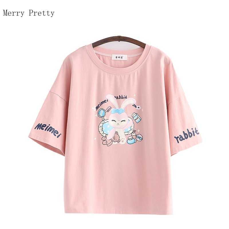 

Harajuku Cartoon Rabbit Print Graphic Tops Women Summer Short Sleeve O-neck Cotton T Shirts Sweet Style Ladies Kawaii 210526, Pink