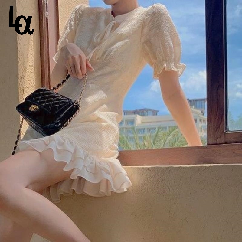 

Summer Vintage Beige Dress Women Sweet Elegant Korean Classy Young Girl's High Waist Slimming Party 210519