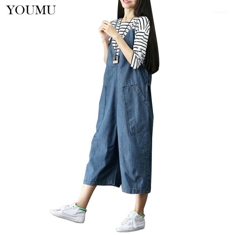 

Women's Jumpsuits & Rompers Cotton Jeans Suspender Trousers Loose Tie Harem Pants Solid Color Pocket Casual Overall Jumpsuit 223-388, Blue