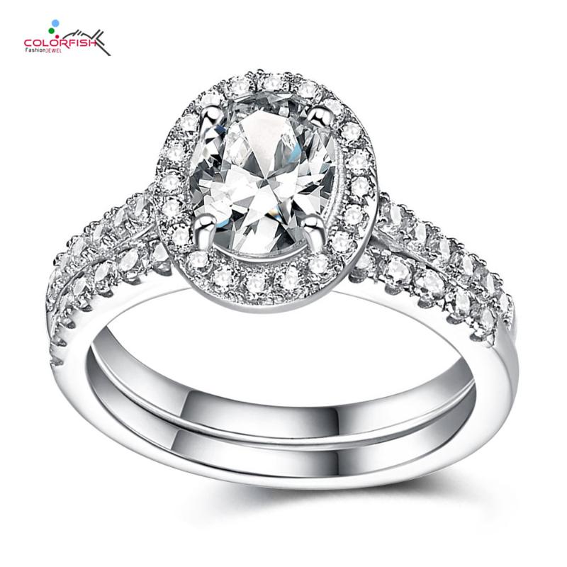 

Cluster Rings COLORFISH Oval Cut Cubic Zirconia 2 Pcs Set 925 Sterling Silver For Women Halo Eternal Band Engagement Wedding Jewelry, Golden;silver