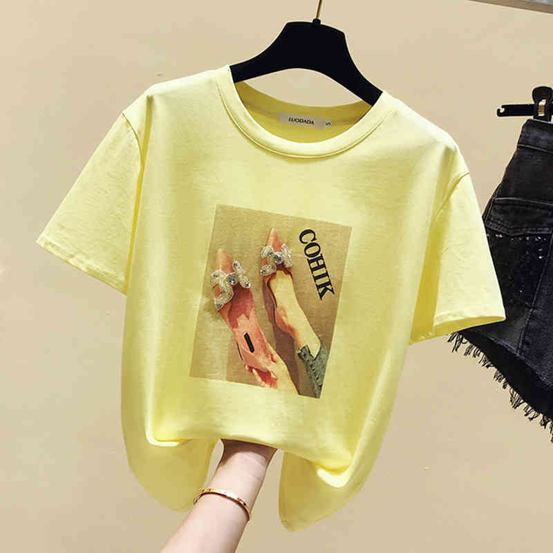 

Women' T-Shirt Beading New Fashion Summer T Women Vogue Cotton Print Womens Tops Tshirt Woman Korean Clothes Tee Femme 2I8T, White