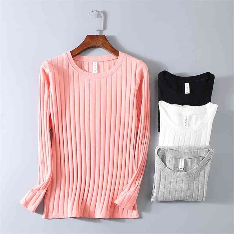 

KT01 Spring Ribbed Striped Elastic T Shirt Women Top Casual Long Sleeve Cotton T-s Tops Knitted Blusas Plus Size 210720, White