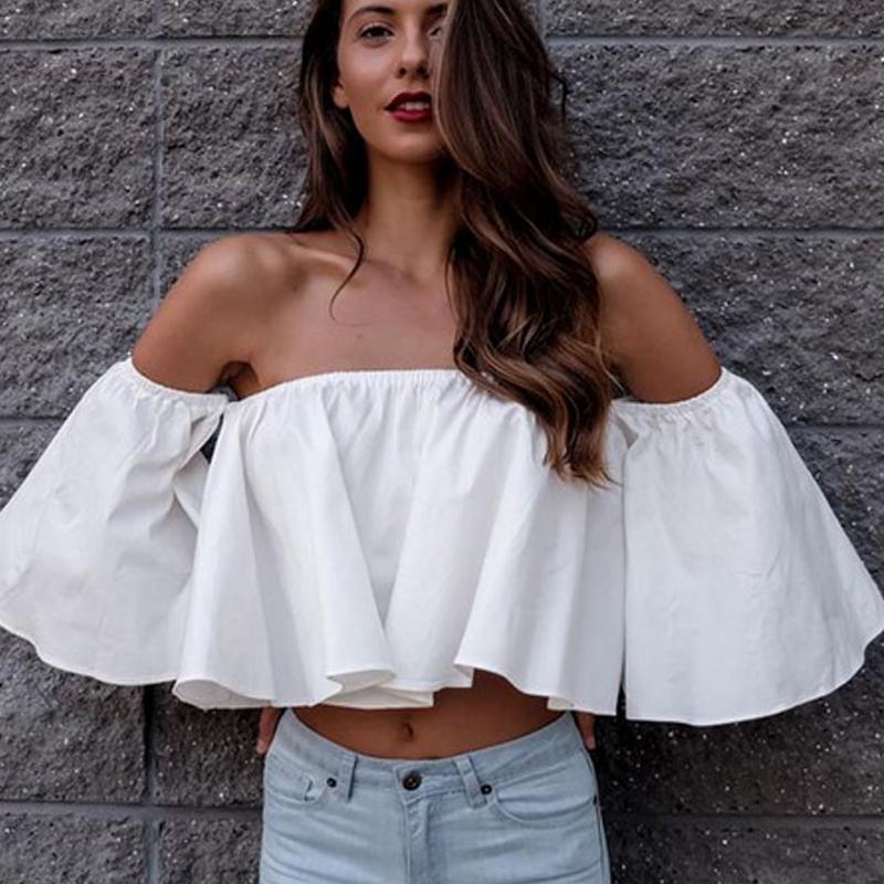 

Women' T-Shirt Stylish Spring Summer Women Ladies Off Shoulder Solid Tank Shirts Crop Tops Cropped Pullovers Costume, White
