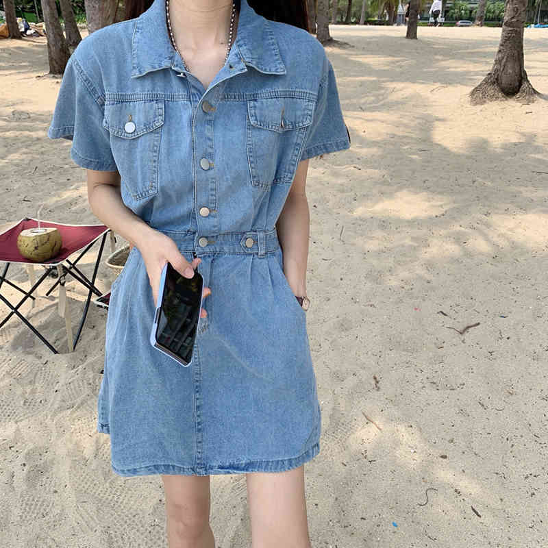 

Denim dress women' summer style French retro design sense waist short temperament 210525, Blue