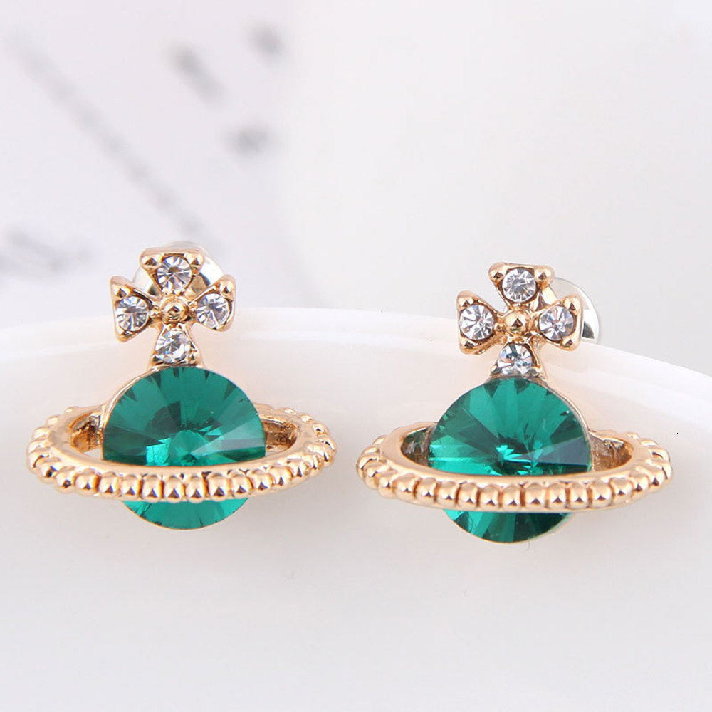 

earrings Korean jewelry green diamond Saturn Earrings, Golden