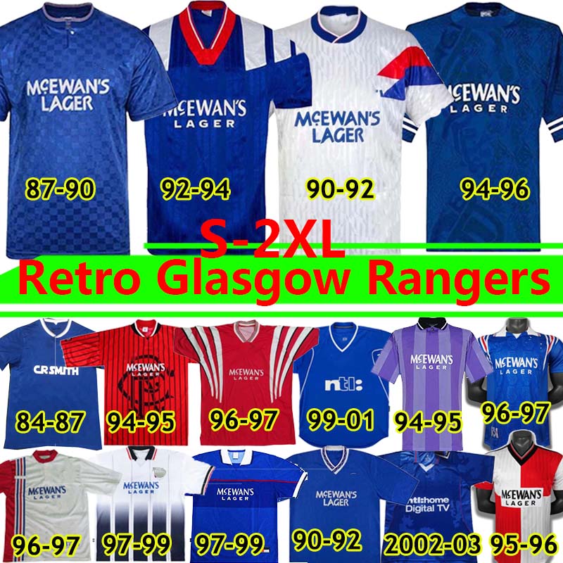 

GASCOIGNE Glasgow Rangers Retro soccer jersey 1984 82 83 84 86 87 90 92 93 94 95 96 97 99 2001 02 03 ALBERTZ MCCOIST Home Blue Away Third vintage Classic football shirt, 82-84 away