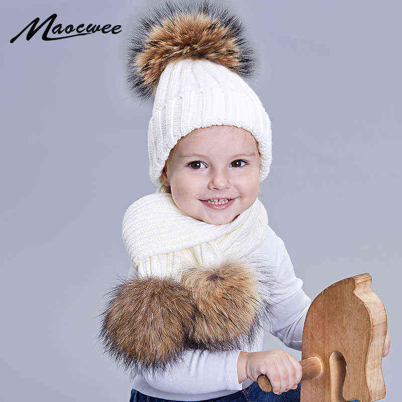 

2pcs Girl Boy Pom Beanie Hat Cap Warm Knitted Bobble Nature Fur Pompom Scarf Sets Kids Baby Children Winter s Bones