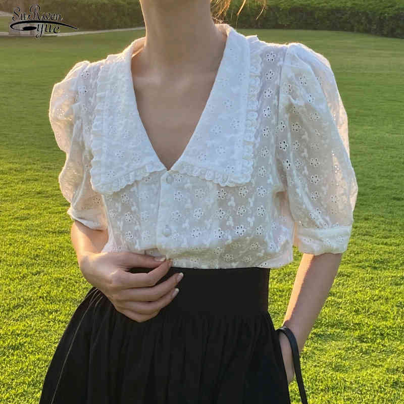 

Summer Doll Collar Solid Casual Shirt Short Sleeve Loose Women Tops Sweet Hollow Flower Lace Blouse Puff 13919 210521, White