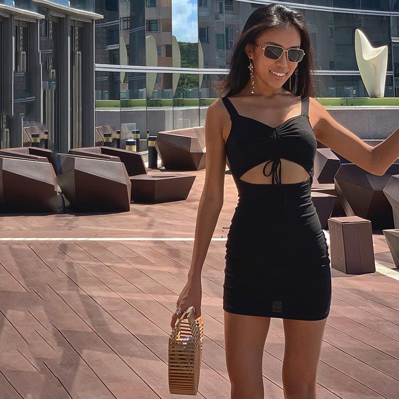 

Casual Dresses Spaghetti Strap Women Mini Dress Hollow Out Sleeveless Slim Teen Lady Mujer Woman Clothes Wearing Sexy Summer 2021, Black