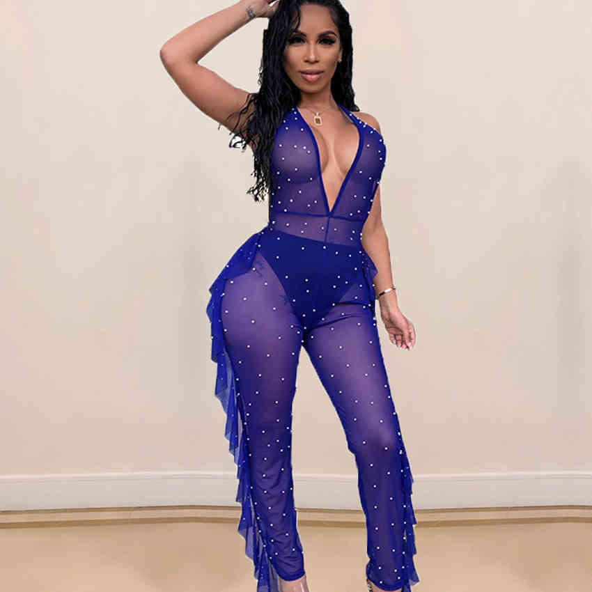 

Women Sexy Sheer Mesh Rivet Jumpsuit fashion deep V Neck Night Club Party Romper Pants Bodysuits combinaison femme 210520, Blue