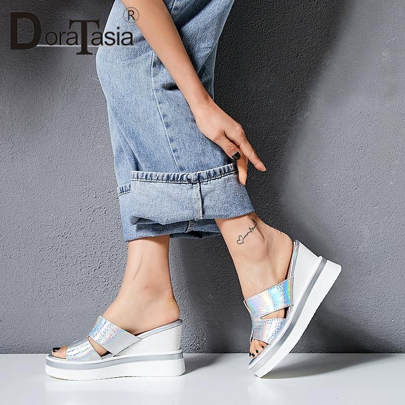 

Slippers DORATASIA Big Size 34-43 Genuine Leather Ladies Wedges High Heels Platform Shoes Woman Casual Party Ol Summer, Black
