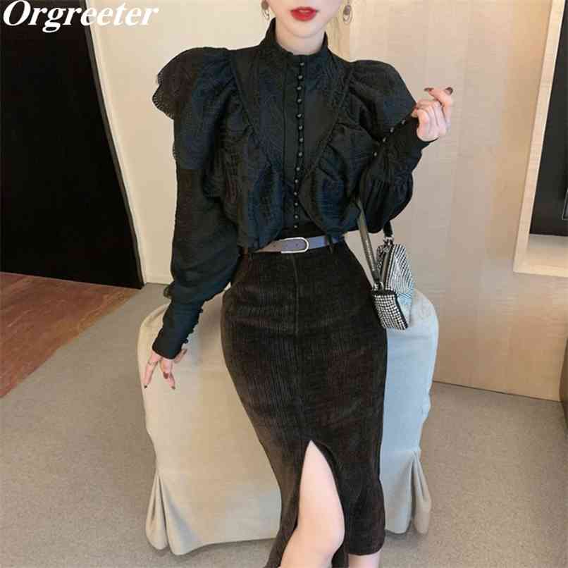 

Temperament Retro Ruffles Embroidery Lace Shirt&Blouse and High waist Pencil Skirt Fashion Two piece set Female With Free Belt 210602, Only white shirt