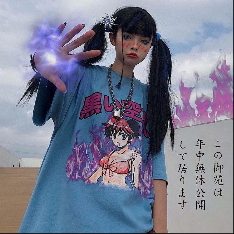 

cartoon womens t shirt streetwear women clothing graphic hip hop tiktok clothes korean summer o neck, White