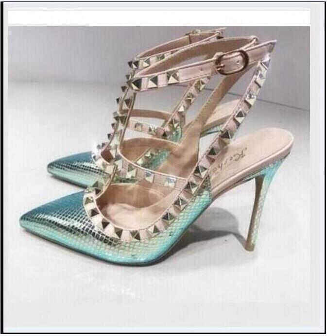 

Luxury Brand Designers Shoes Pointed Toes Red Bottoms 2-Strap with Studs high heels Leather rivets Sandals NEE Size 5 14 LOUBOUTIN CHRISTIAN, Blue