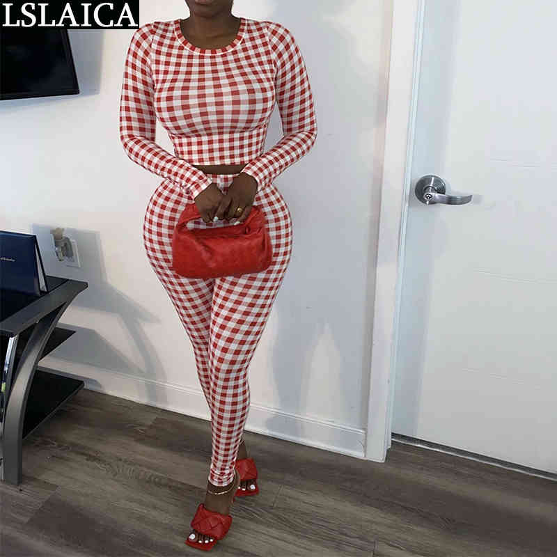

2 Piece Set Women Long Sleeve O Neck Plaid Crop Top Autumn Winter Casual Two Outfits Clothes Woman Pants Ensemble Femme 210520, Black