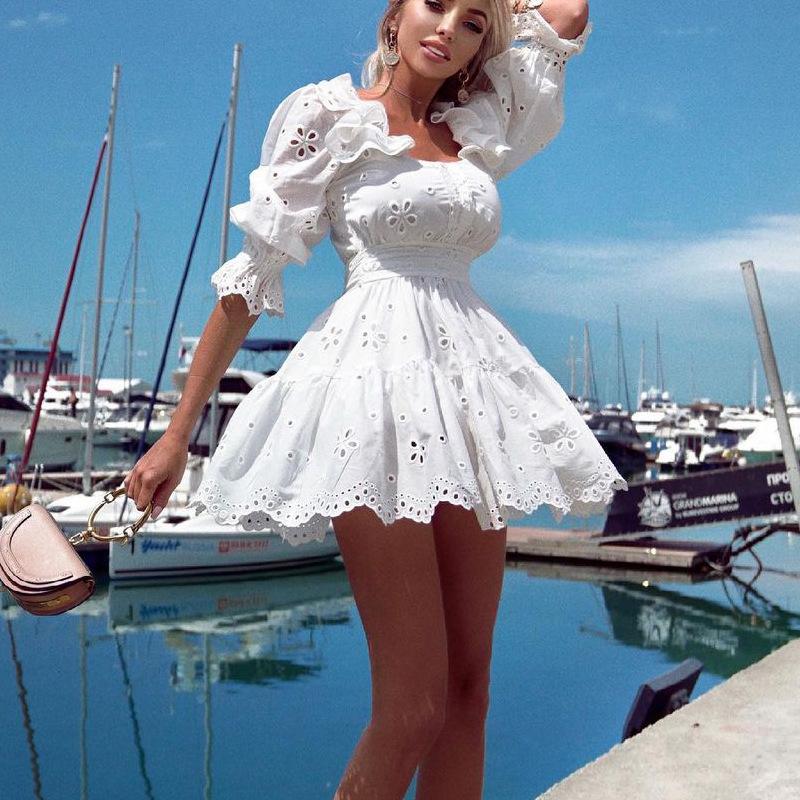 

Party Dresses Summer Women Casual Solid Color Mini Dress Square Collar Hollow Out Flared Sleeve A Line Female Vestidos 2021, Black