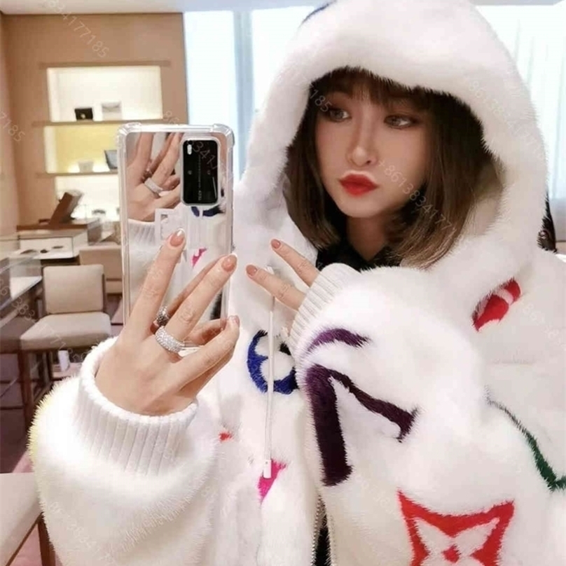 

women casual zipper jacket mink fleece hoodie coat presbyopia print super warm 3 colors Louisclothes brand high-end female designer clothes, Black