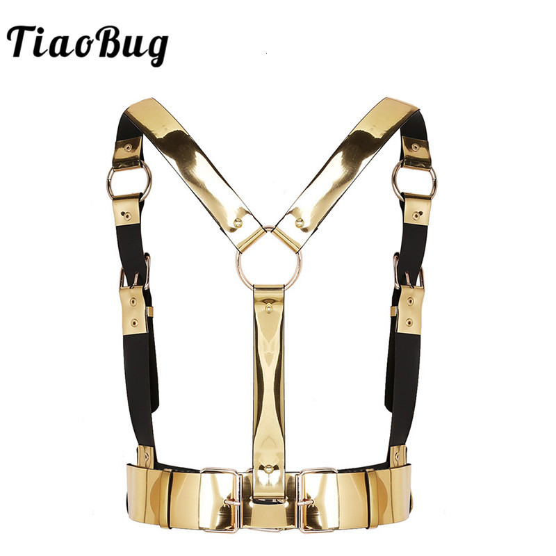 

Tiaobug Fashion Gold Unisex Punk Faux Leather Women Men Body Chest Harness Waist Bondage Club Wear Sexy Rave Party Belt Top, Black