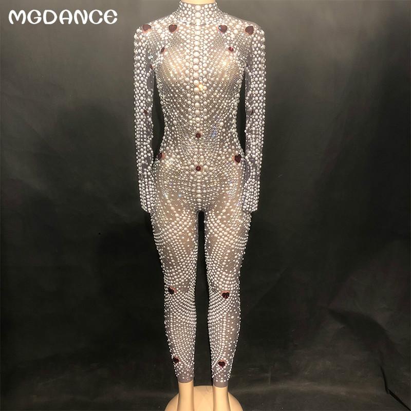

Women' Jumpsuits & Rompers Women Sparkling Crystals Pearls Mesh Bodysuit Sexy Nightclub Stage Bling Jumpsuit Net Yarn Party Wear