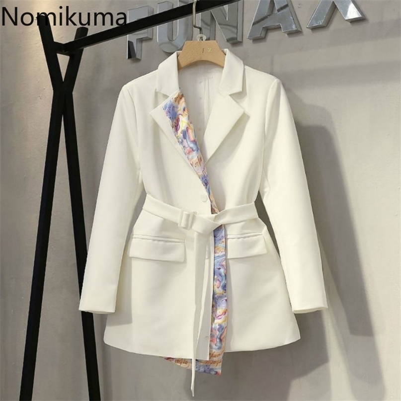 

Nomikuma Spring Elegant Blazer Coat Korean Patchwork Belt Slim Waist Suit Jacket Long Sleeve Notched Collar Blazers 6E731 211019, Black