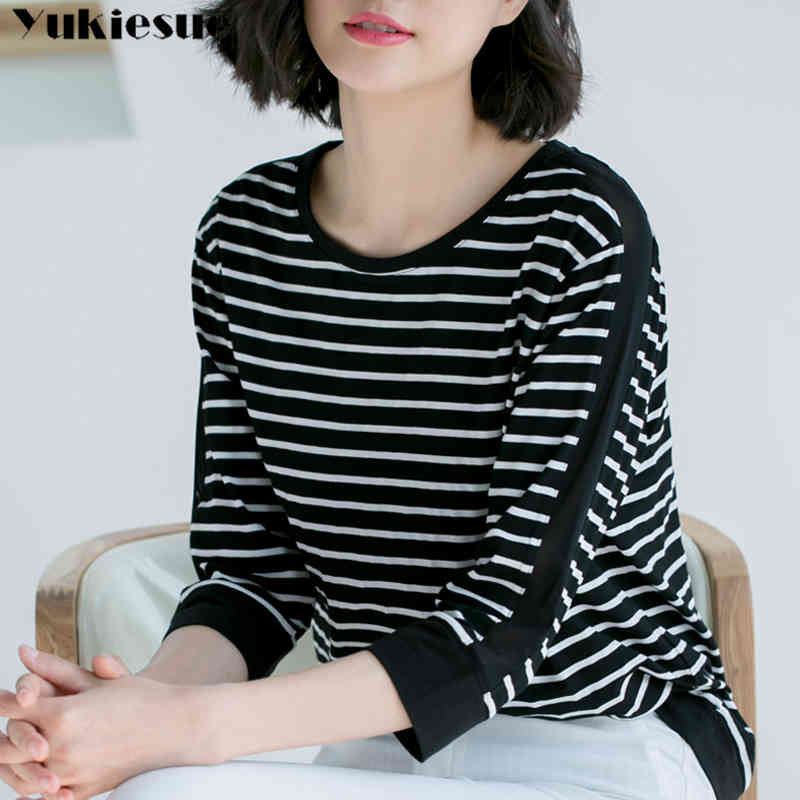 

Women T-Shirt Cotton three quater Sleeve hollow out Lady T Shirt Striped Summer Spring Female Blusa striped Plus Size Top Tee 210518, Black