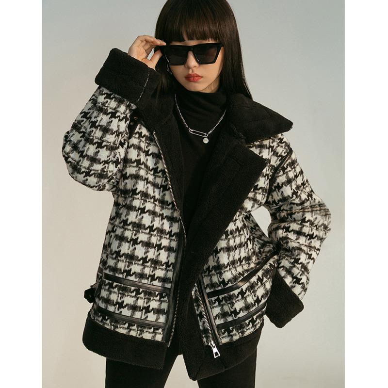 

Women's Fur & Faux Loose Jacket, Single Coat, Autumn Winter, Motorcycle, Korean Style Chidori Splicing Lamb Mao Velvet Fashion Casual, Black