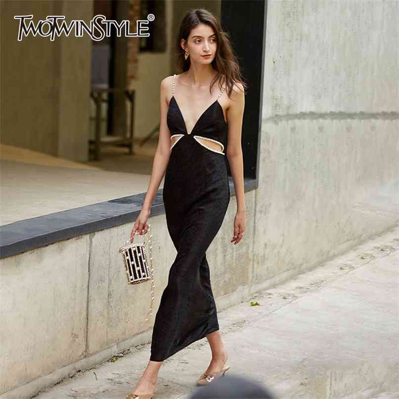 

Patchwork Pearl Hollow Out Women Dress V Neck Sleeveless High Waist Maxi Sling Dresses Female Fashion 210520, Black