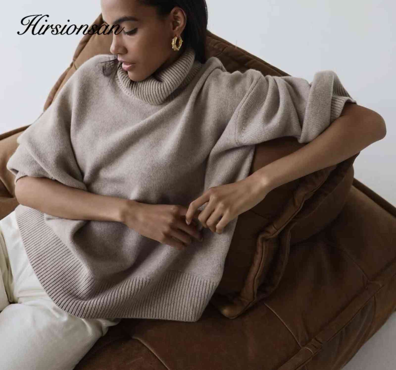 

Hirsionsan turtle Neck Solid Cashmere Sweater Women Elegant Soft Warm Female Knitted Pullovers Basic Loose female Jumper Y1110, Khaki
