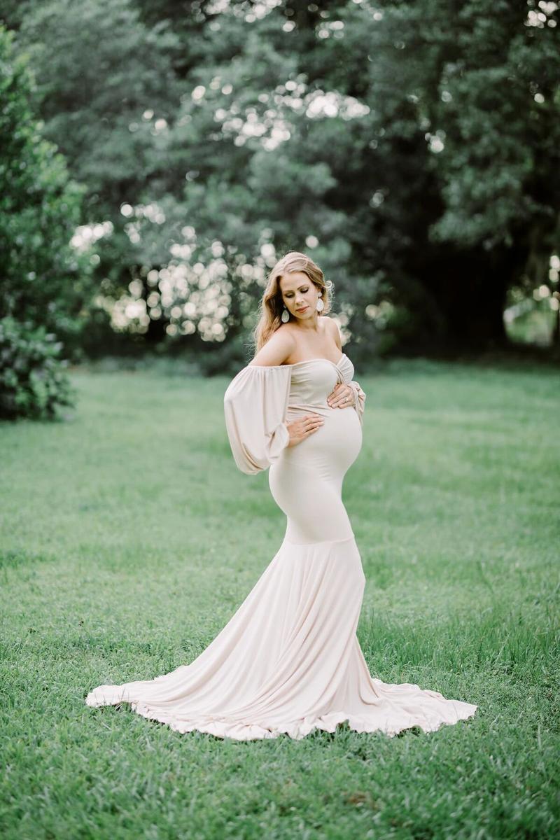 

Maternity Dresses 2022Summer Tulle Long Baby Shower Cotton Dress Stretchy Pregnancy Pography With Cape Train, White