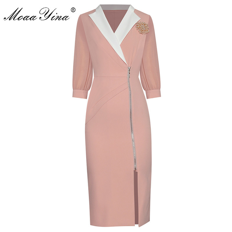 

Fashion dress Spring Women' Dress turn-down Collar Package hip Elegant Office Lady Dresses 210524, Gray