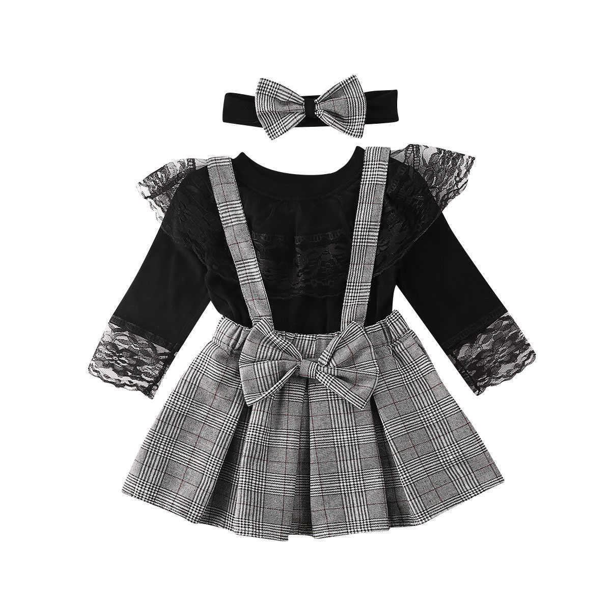 

1-6Y Toddler Kid Girl Baby Clothes Set Black Long Sleeve Lace T shirt Tops + Plaid Ruffles Skirts Overalls Spring Girl Costumes P0831, Red