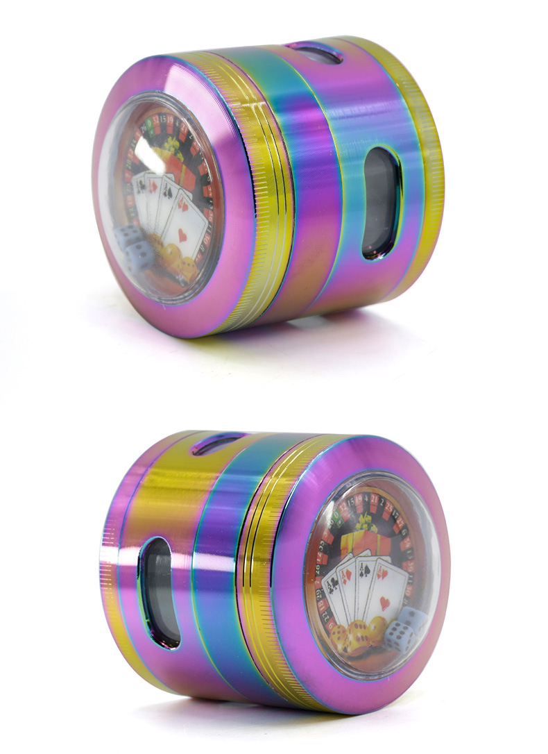 

Zinc Alloy Grinding Smoking Grinder TOOLS SLICER 4 Layers Diameter 63 MM Iceblue Rainbow Color DICE WINDOWS ON SIDE Herb Grinders Tobacco Sp