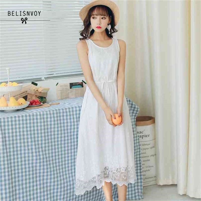 

Mori Girl Summer Women Sleeveless White Dress O-neck Floral Embroidery Hollow Out Tank Vestidos De Festa Elegant Lace Female 210520