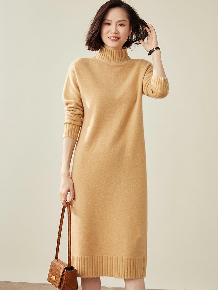 

Casual Dresses 100% Goat Cashmere Thicker Knitwears Women Dress Winter 2021 Fashion Oneck Pullovers 4Colors Ladies, Black