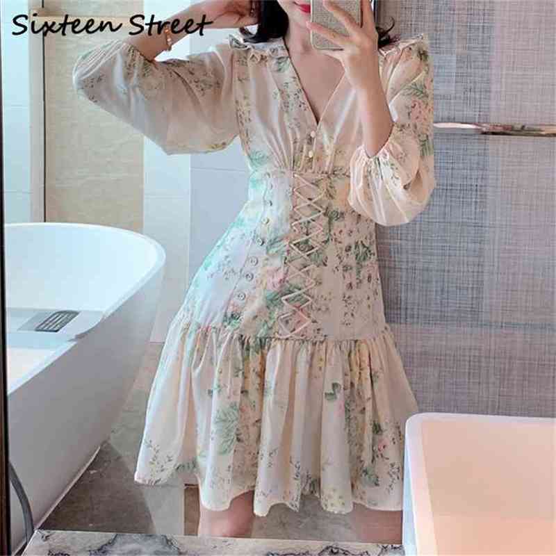 

Woman Dress Cross Spaghetti V-neck Vintage Vestidos lantern sleeve autumn floral printed elegant dress female winter 210603, The picture color