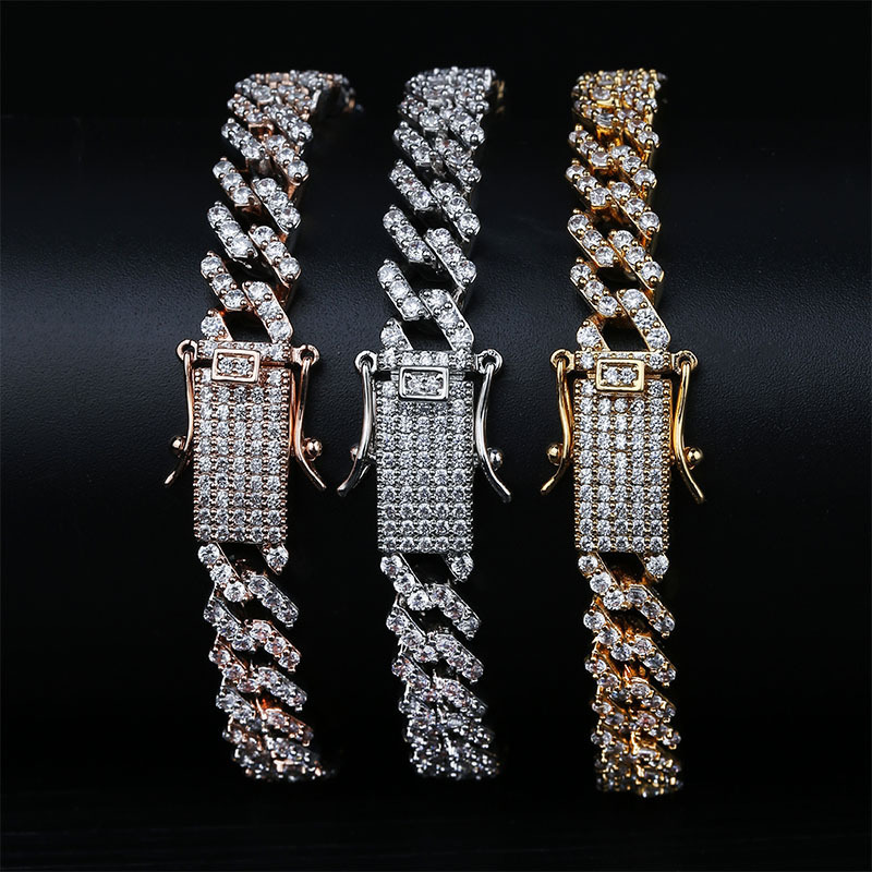 

10mm wide Micro Paved AAA CZ Stone Bling Iced Out Geometric Rhombus Cuban Chain Bangle Bracelets for Men Hip Hop Rapper Jewelry X0509