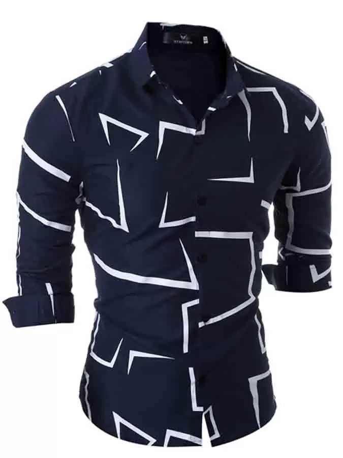 

Autumn outddoor mens geometric blouse slim long sleeve shirt printing black white trendy navy shirts