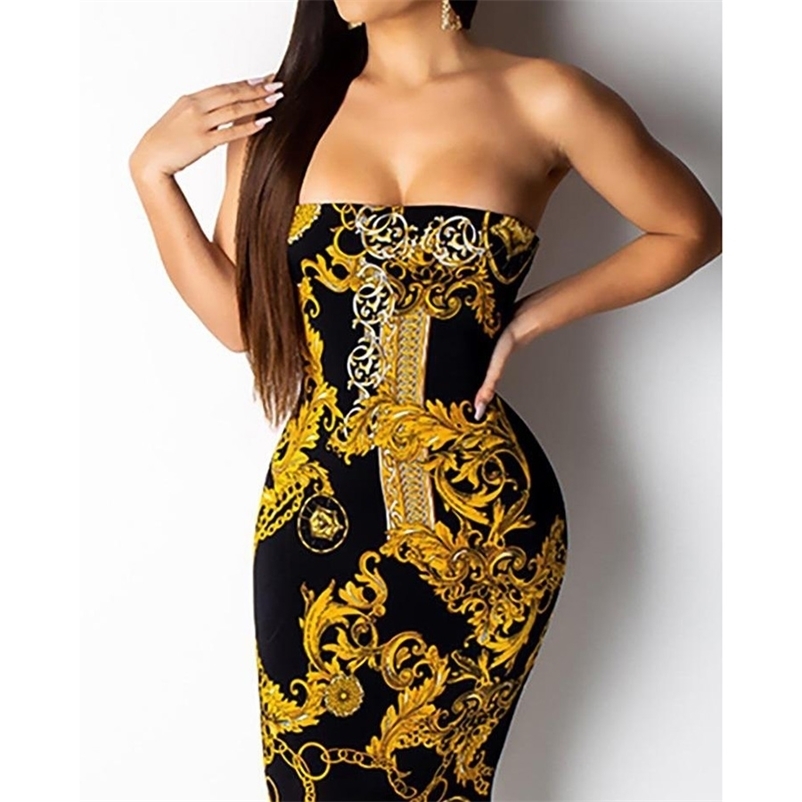

Explosion models sexy fashion gold chain print sleeveless word collar backless dress 210409, Black