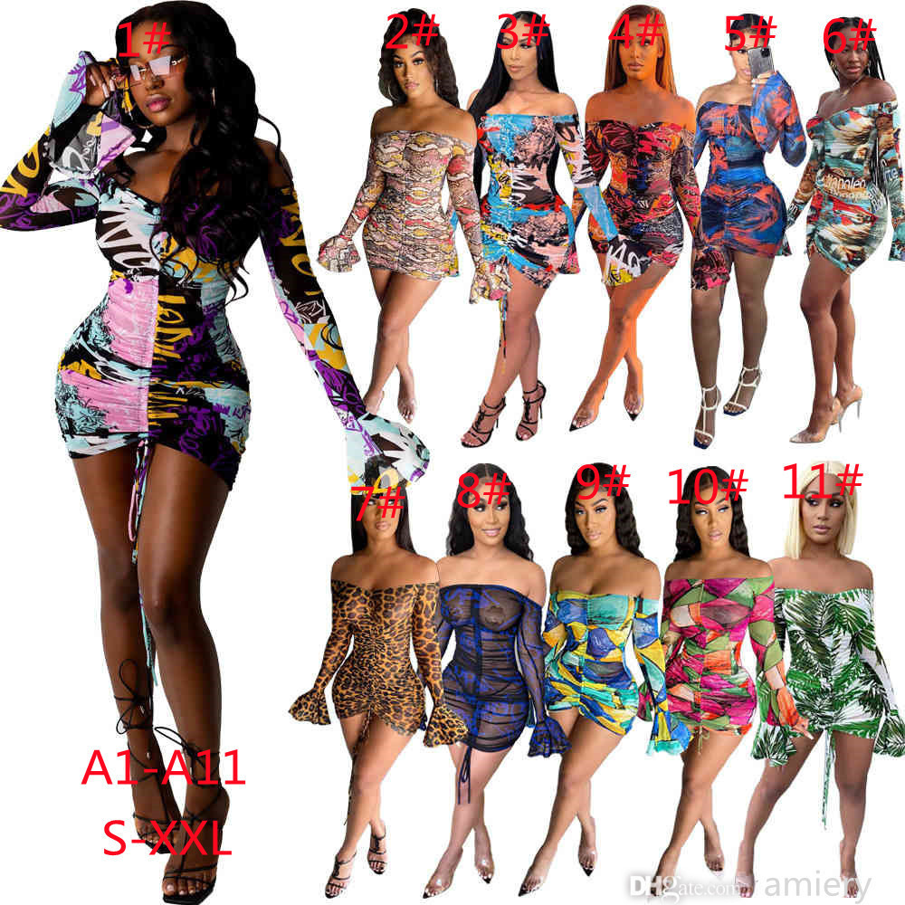 

Women Midi Dresses Slim Sexy Designer One Shoulder Dress Floral Long Flared Sleeve Screen Printed Perspective Summer Skirt, Mix colors a1-a11