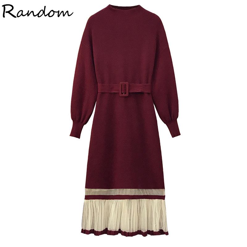 

Women 2021 Winter Warm Knitted Sweater Party Dress Female Long Sleeve Mesh Patchwork Black Burgundy Dresses Plus Cloth Casual