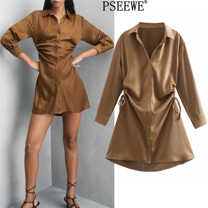 

Spring Creased Effect Mini Dress Women Ruched Long Sleeve Dresses Ladies Side Vents Drawstrings Woman 210519, Brown