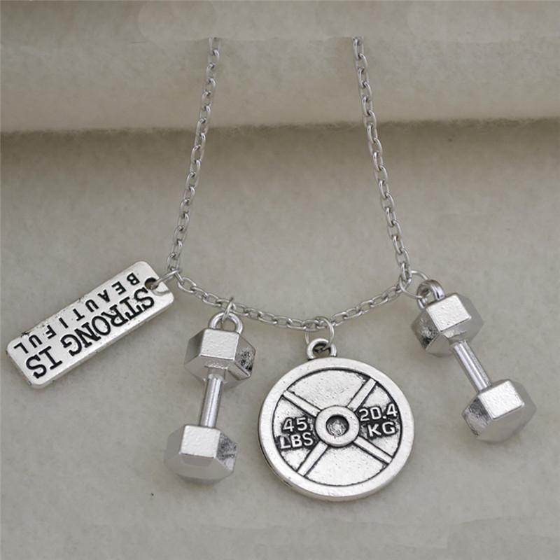 

Pendant Necklaces Sporty Style Jewelry Women Men Necklace STRONG IS BEAUTIFUL Written Link Chain Barbell Zinc Alloy Drop