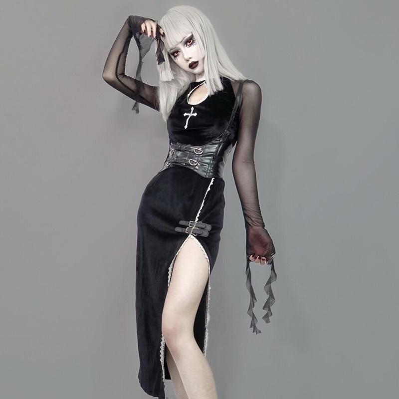

Ethnic Clothing Japanese Harajuku Women Black Midi Dress Gothic Style Sexy Vintage Goth Dark Long Split Cosplay Costume 31272