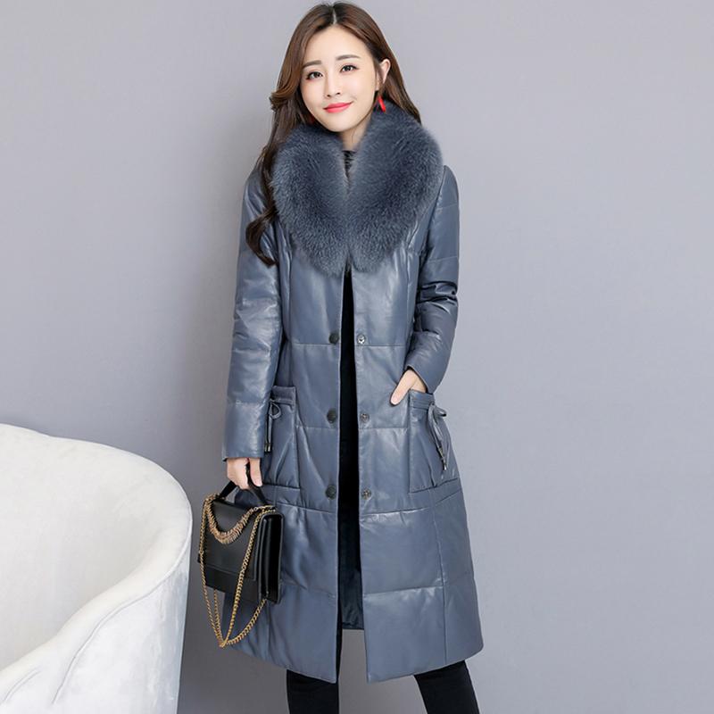 

Women's Leather & Faux Women Winter Thick Medium Long Jackets Female Slim Down Coats With Fur Collar Sleeve Casual Outerwear S-4XL, Black