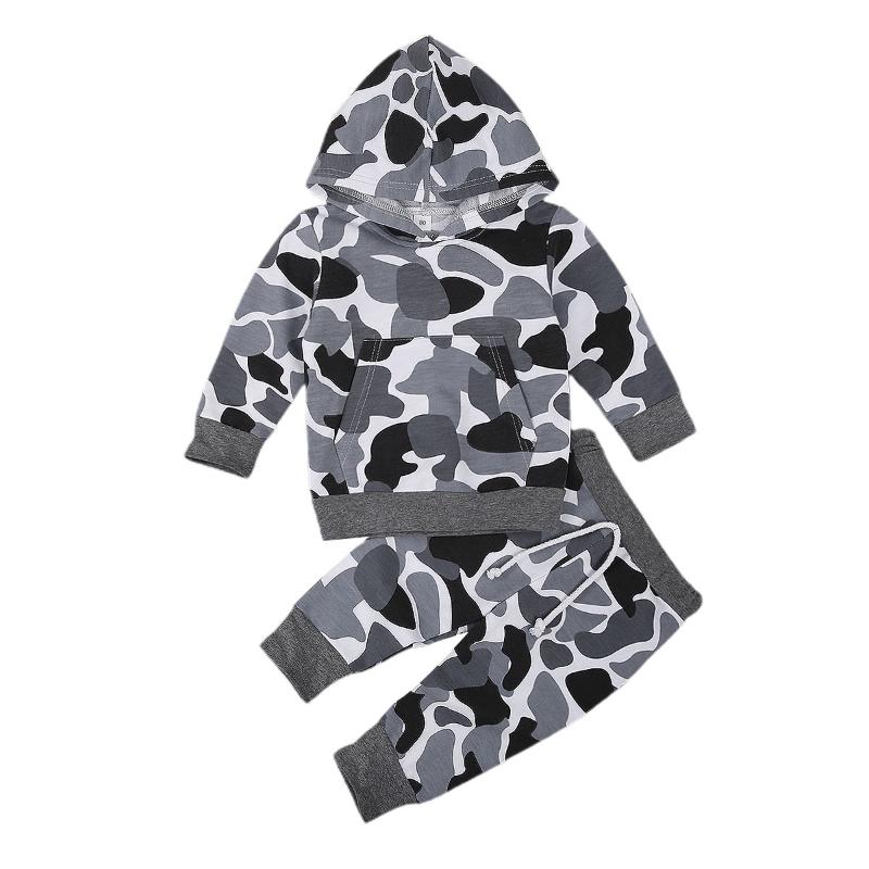 

Clothing Sets Boys Camouflage Print Set Long-sleeved Hooded T-shirt Trousers Suit Elastic Long Pants 0-24M, White