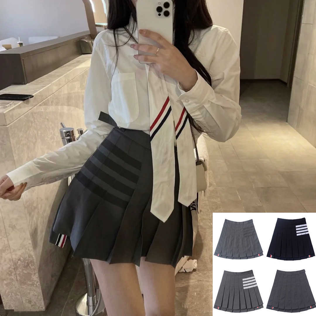 

luxury handbags tb pleated a-shaped bag hip solid color medium high waist short grey stitching women's skirt autumn and