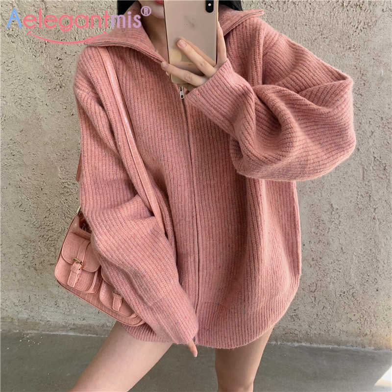 

Aelegantmis Casual Zipper Thick Warm Knitted Cardigan Women Vintage Loose Sweater Coat Solid Oversized Jumper Outerwear Spring 210607, Pink