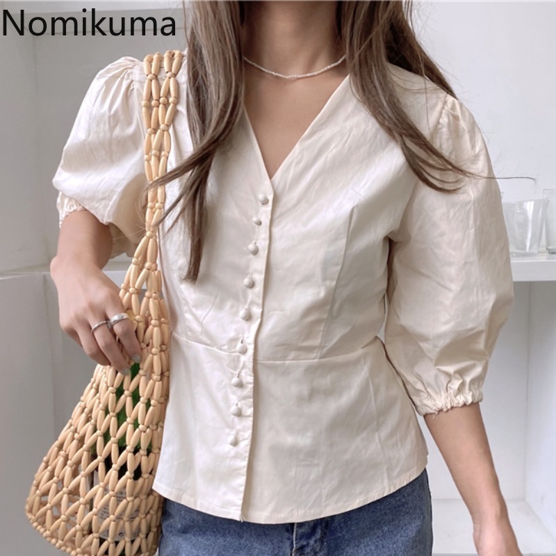 Nomikuma Korean Chic Puff Sleeve Women Blouse Shirt Elegant Single Breasted V-neck Blusas Femme Summer New Top Mujer 6H473 210427